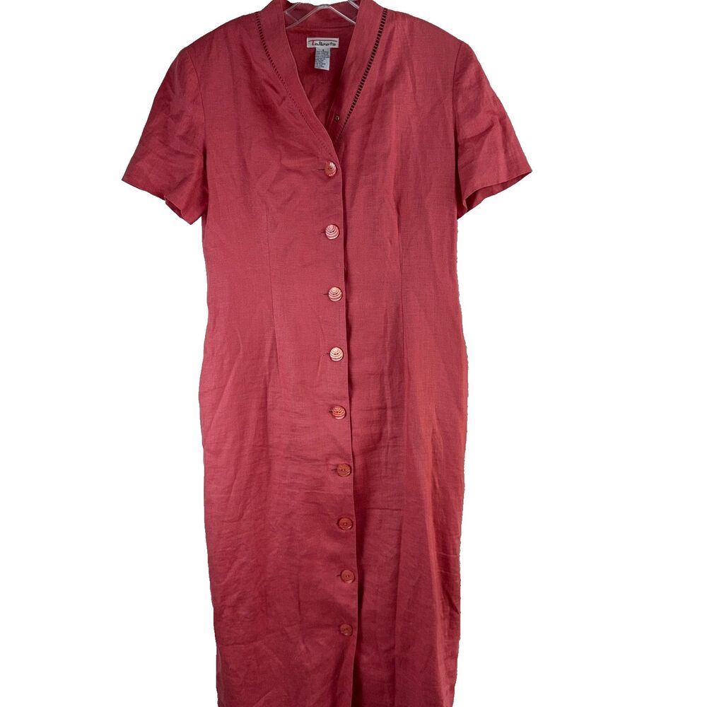 Talbots Vintage Size 6 Linen Maxi Shift Dress Button Front Cottagecore Coral